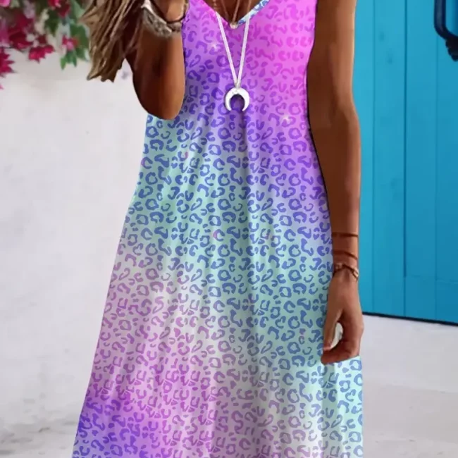 Plus Size V-Neck Sleeveless Midi Dress - Casual & Comfy with Colorful Leopard Print, Perfect for Spring/Summer Beach Outings & Casual Attire - Lightweight Polyester Blend