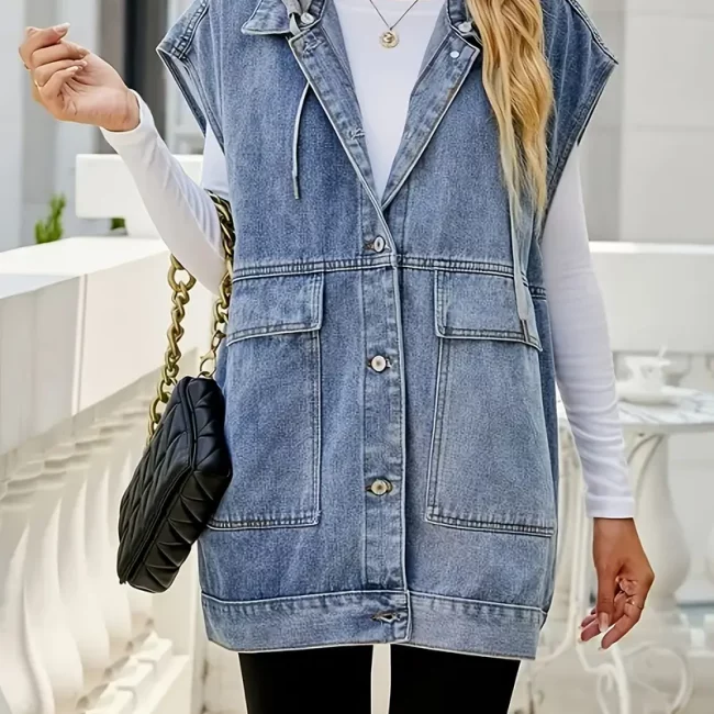 Women's Casual Oversized Denim Vest - Mid-Length, Sleeveless Jacket with Ripped Detail, Button Closure