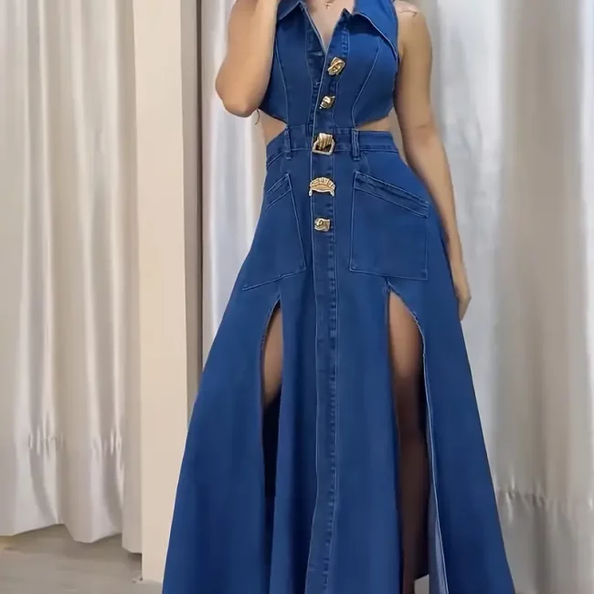 Stylish Sleeveless Denim Dress For Women. It Features An Open - Work Design At The Waist, A Split Hem, And Is Decorated With Metal Buttons.