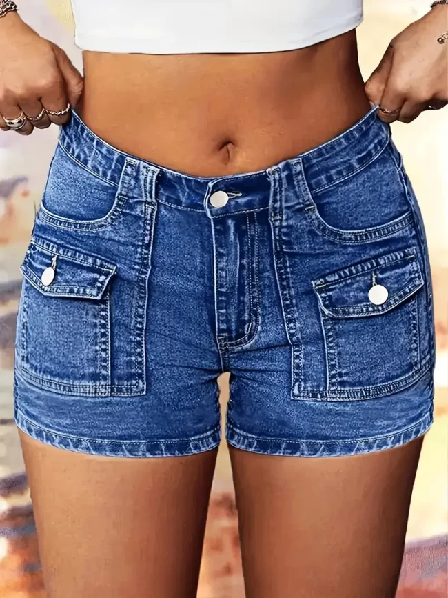 Blue Work-mounted Elastic Double Front Bag Denim Shorts - Image 6