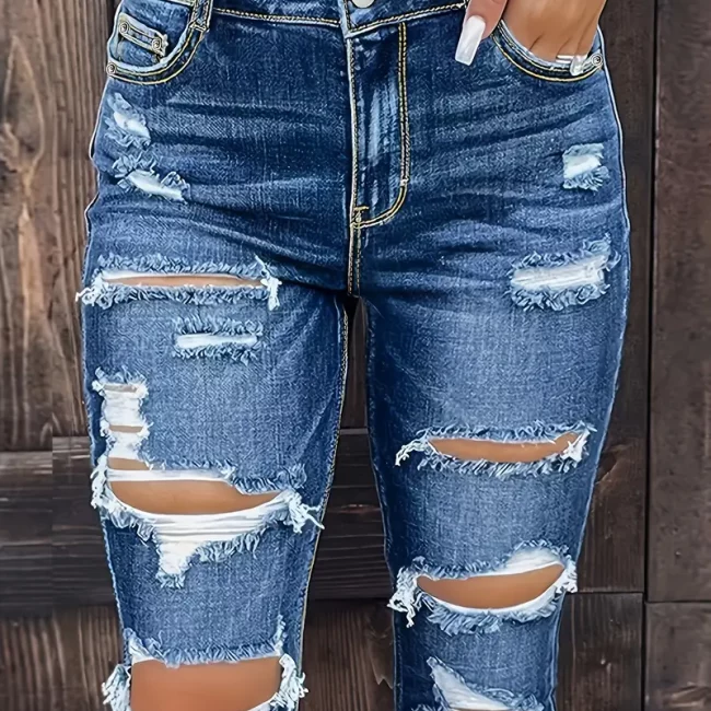 Women's Ripped Mid Waisted Boyfriend Jeans Loose Fit Distressed Stretchy Denim Pants