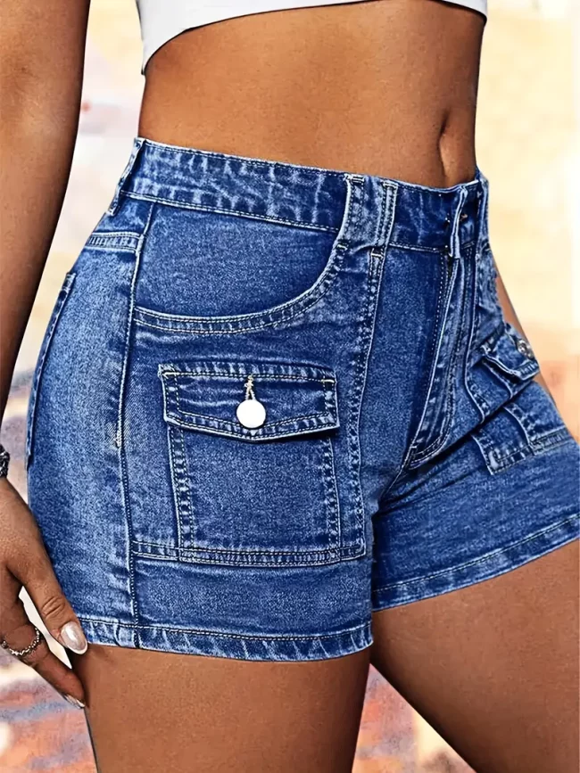 Blue Work-mounted Elastic Double Front Bag Denim Shorts - Image 2