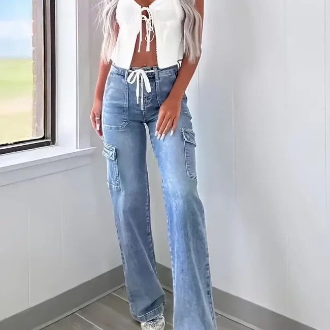2025 New Style Women'S Leisure Straight-leg Jeans With Laces And Multiple Pockets. Casual Fashion Denim Fabric Sweatpants Jeans Fit Womenswear
