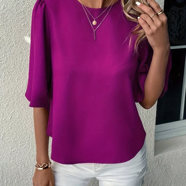 Women's Elegant Casual Short Sleeve Blouse - Vibrant Blue Solid Color, Non-See-Through Fabric, Machine Washable, Smooth Texture, Versatile Top for Spring/Fall Casual & Formal Outfits, Spring Fall Clothing, Round Neckline Shirt, Nonsee Through Material