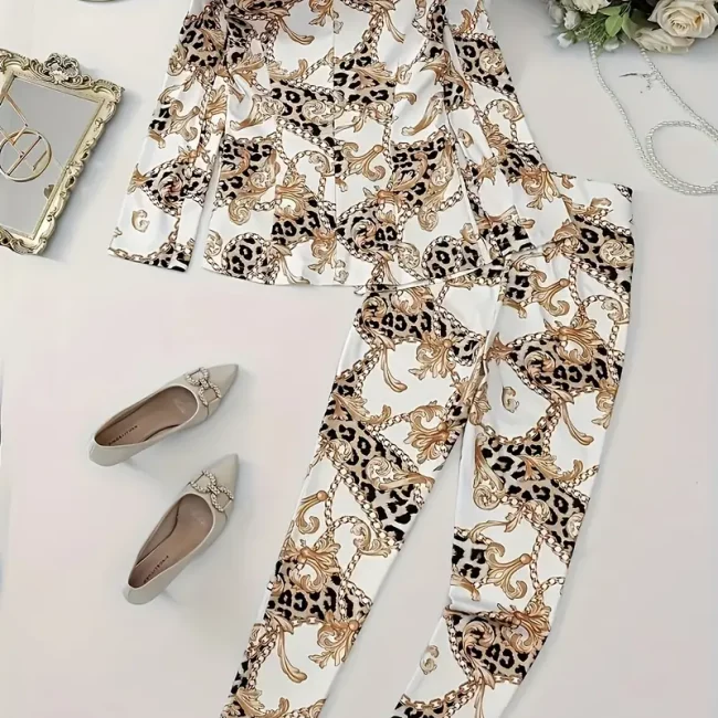Chain Printed Leopard Print Casual Two-piece Set, Double Breasted Lapel Long Sleeved Suit Jacket And High Waisted Casual Pants, New Autumn Women's Clothing
