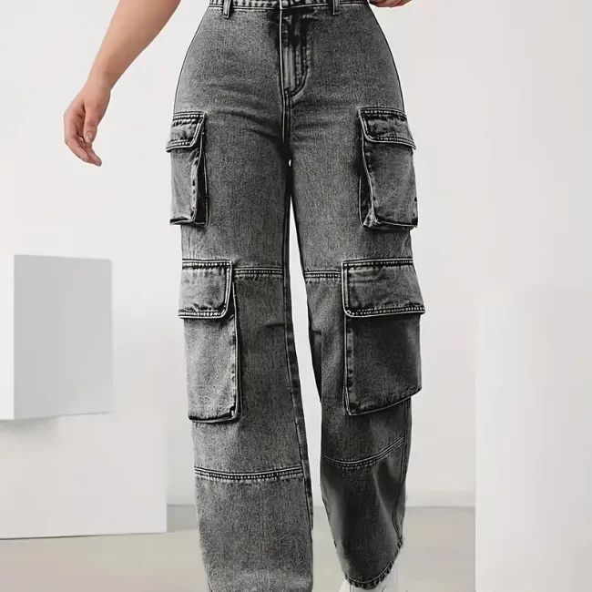 Vintage American Style High-Waisted Cargo Pants, Solid Color, High Stretch Fabric, 360g/m簡, Button Detail, Multi-Pocket Design, All-Season Loose Fit, Slimming & Booty-Enhancing, Casual Wear