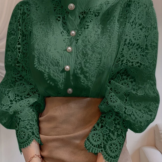 Elegant Victorian-Inspired Lace Blouse with Pearl Button Details, Long Sleeve Mock Neck Shirt for Women - Green & Polyester Pleated Design, Perfect for Halloween Cosplay & Gothic Fashion, Gothic Fashion Wear | Pearl Button Blouse | Polyester Blend